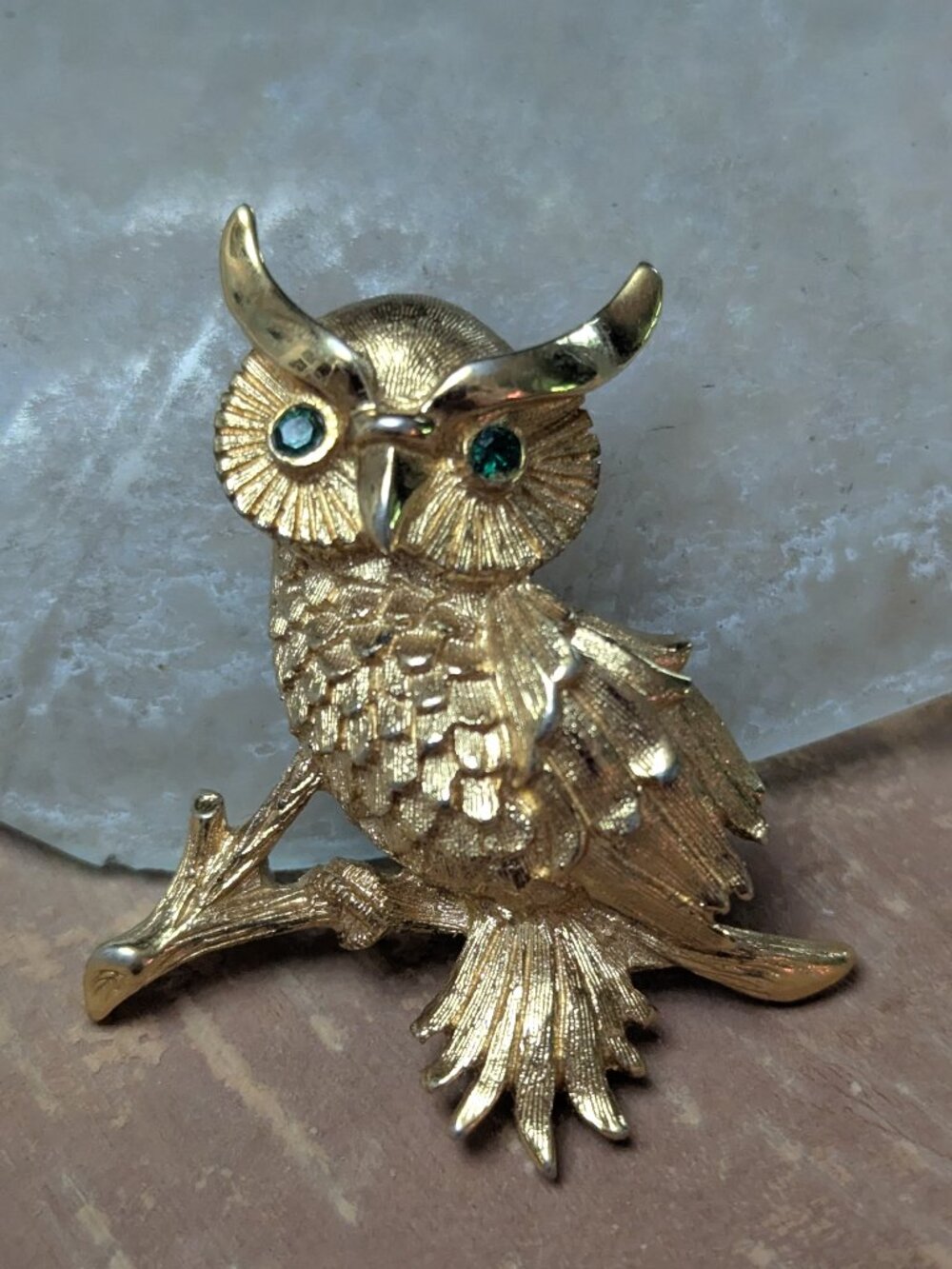 Vintage Monet Owl Gold Tone Green Rhinestone Eyes Pin Brooch